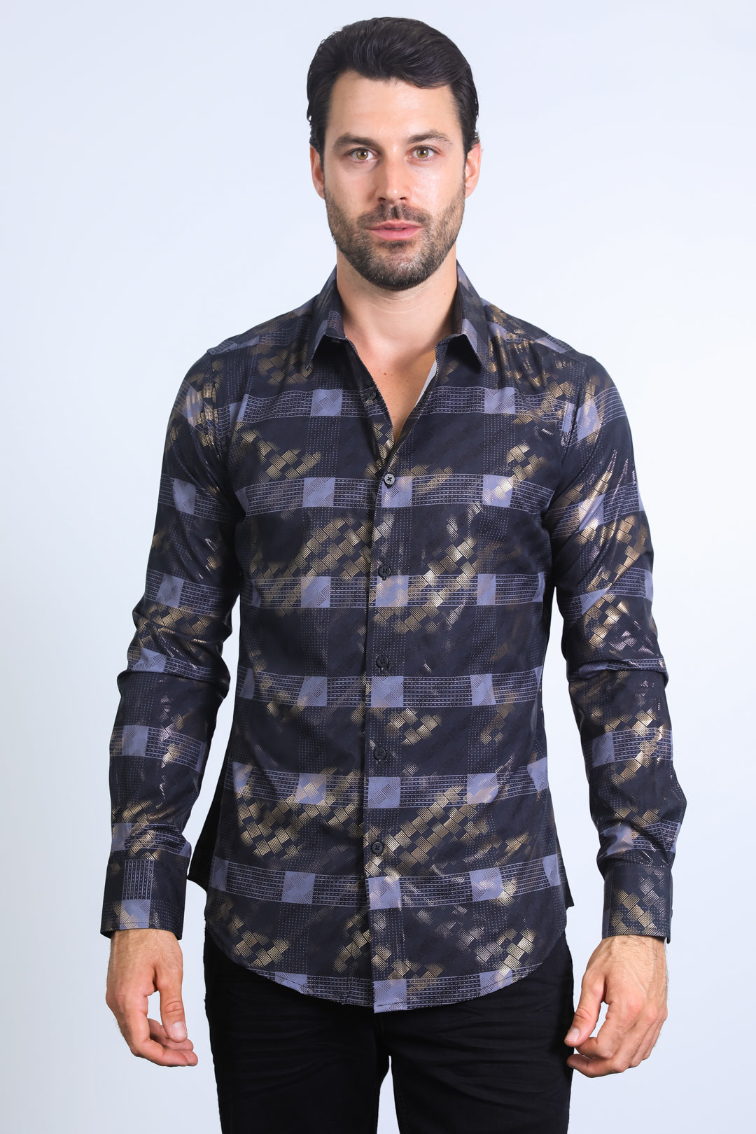 Mens Modern Fit Stretch Foil Fashion Black Shirt