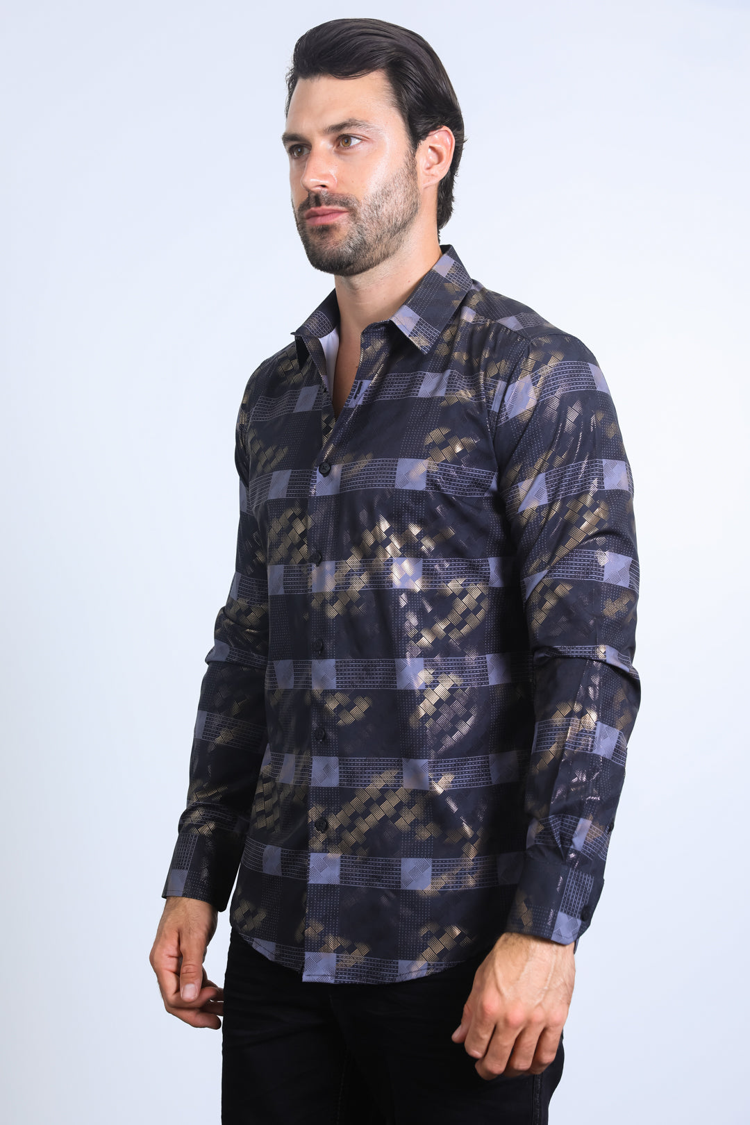 Mens Modern Fit Stretch Foil Fashion Black Shirt