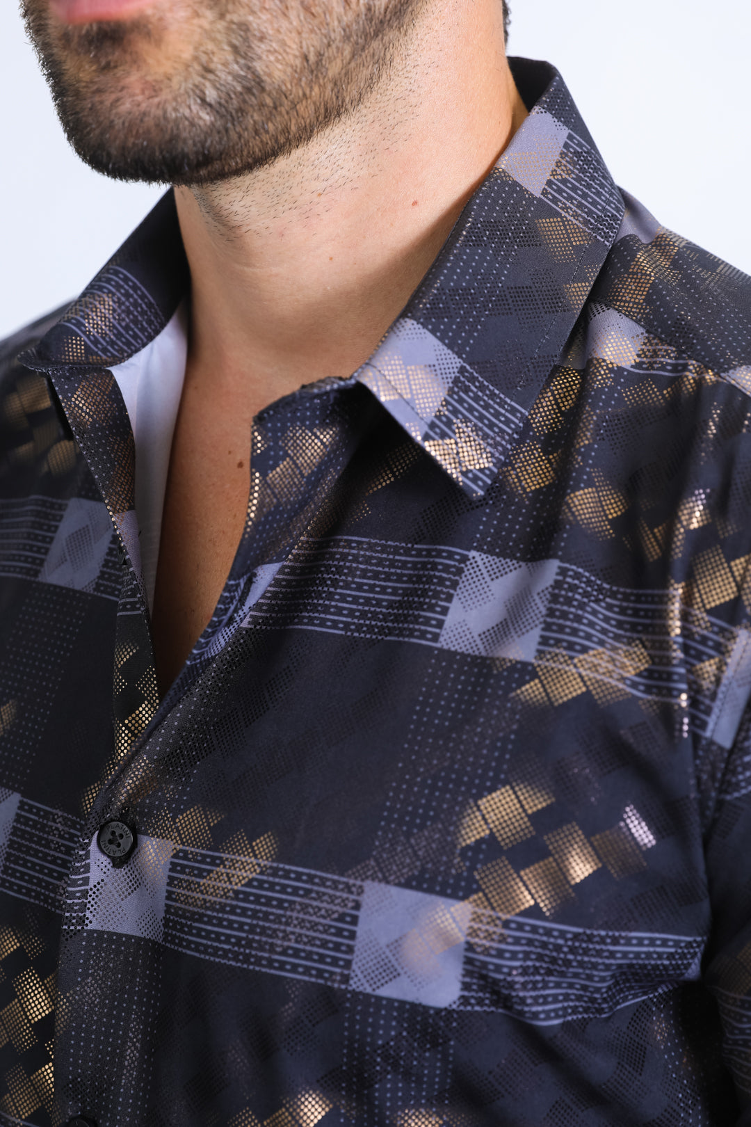 Mens Modern Fit Stretch Foil Fashion Black Shirt