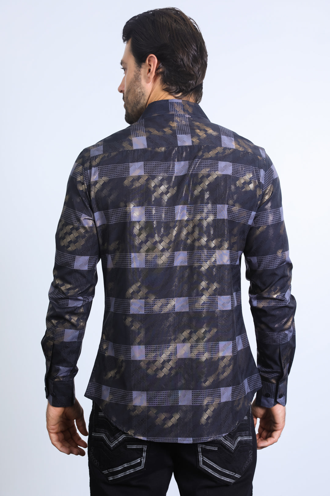 Mens Modern Fit Stretch Foil Fashion Black Shirt
