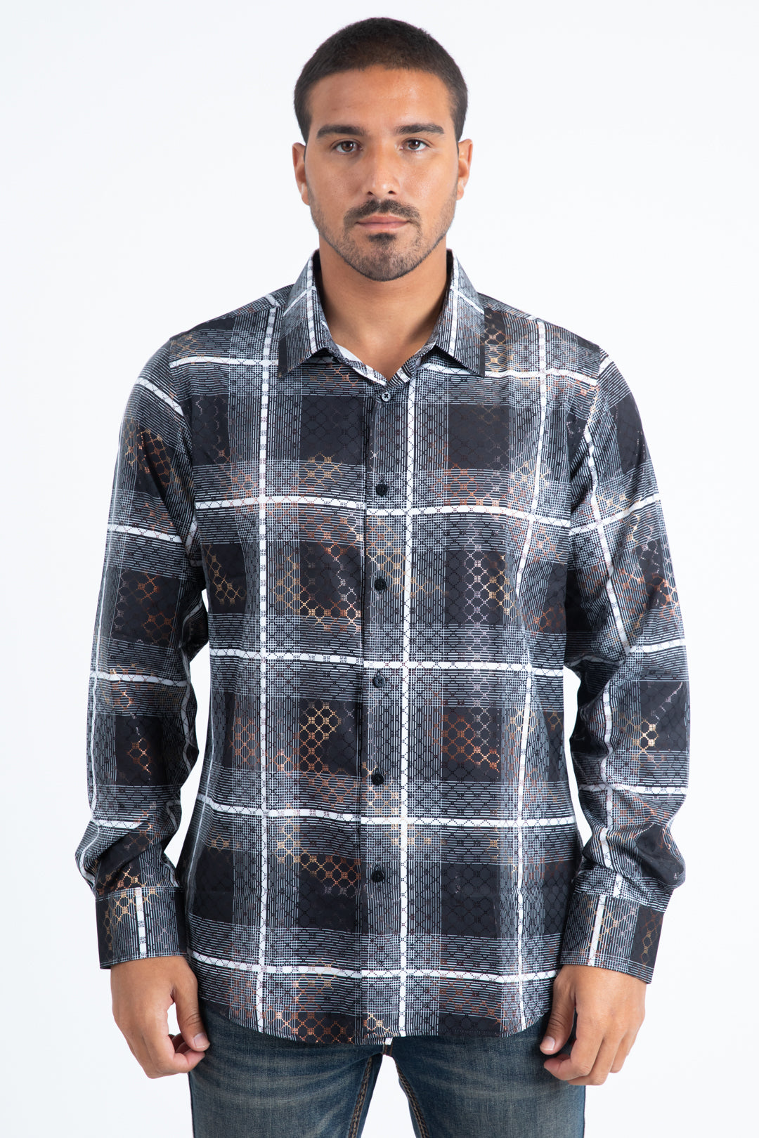 Mens Modern Fit Stretch Foil Fashion Black Shirt