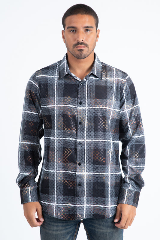 Mens Modern Fit Stretch Foil Fashion Black Shirt