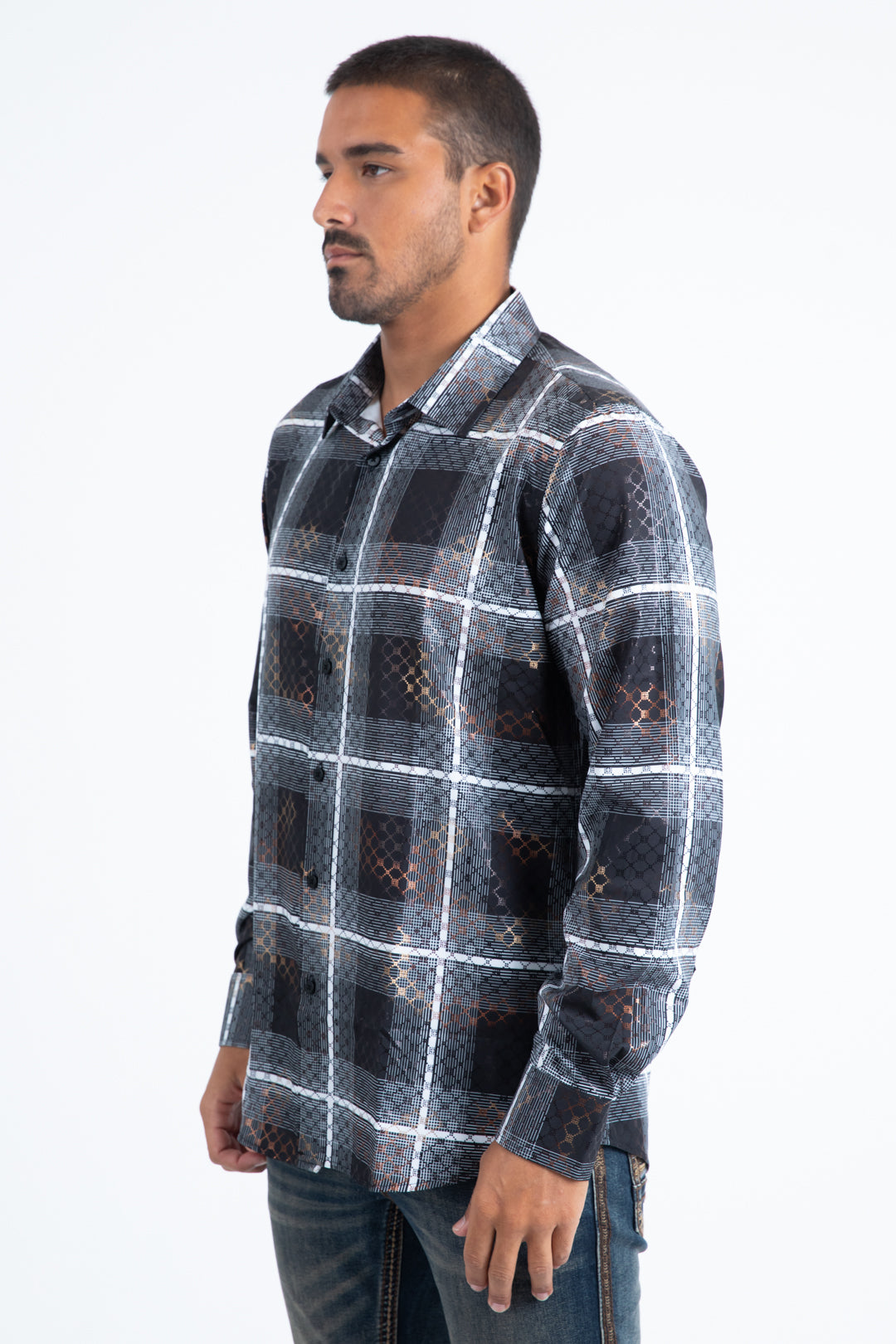 Mens Modern Fit Stretch Foil Fashion Black Shirt