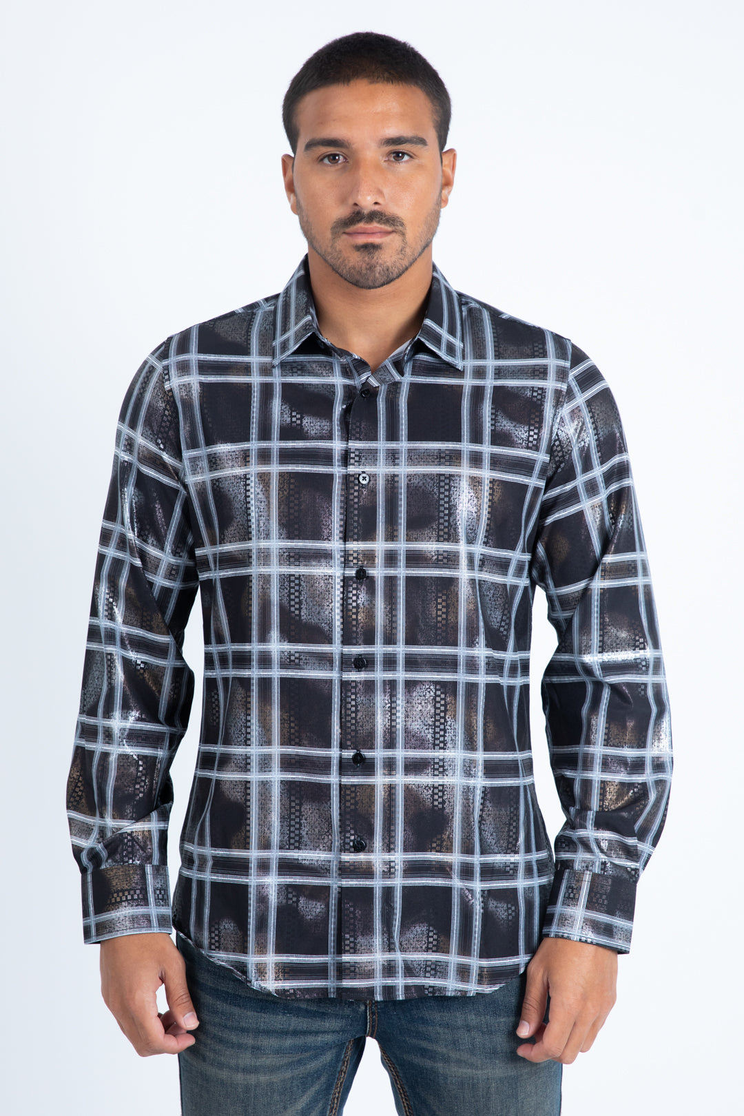 Mens Modern Fit Stretch Foil Fashion Black Shirt