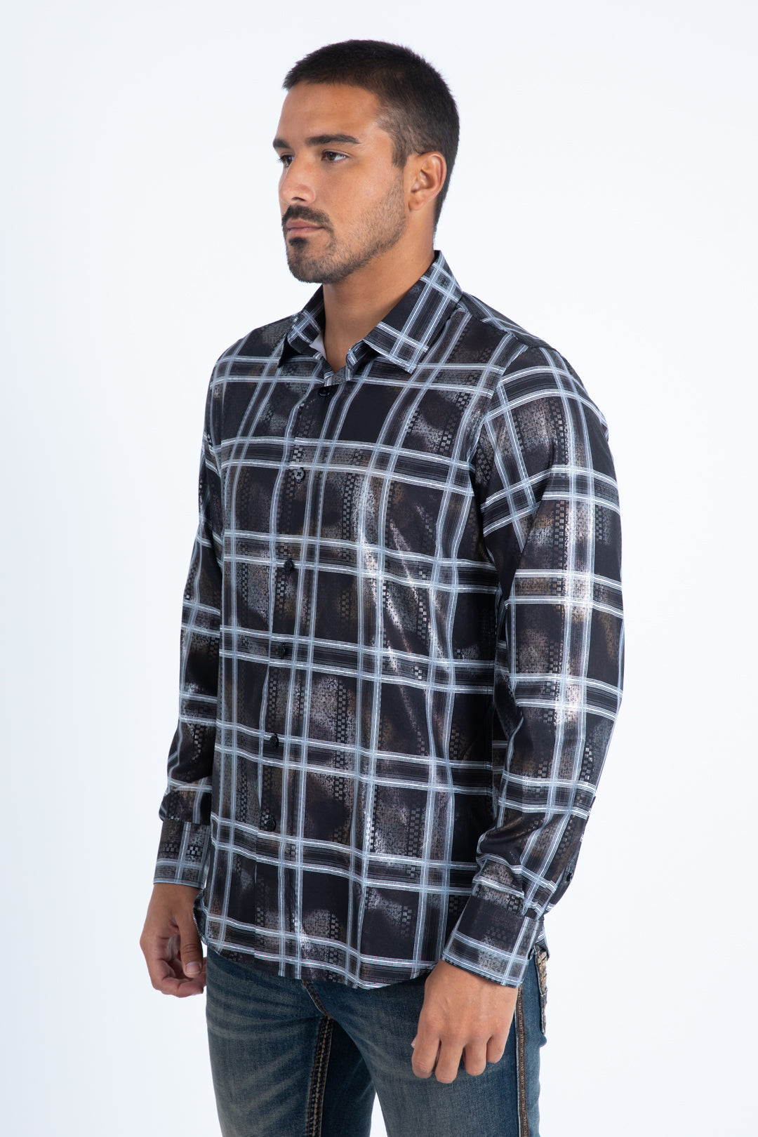 Mens Modern Fit Stretch Foil Fashion Black Shirt