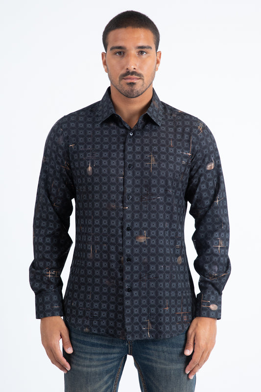 Mens Modern Fit Stretch Foil Fashion Black Shirt