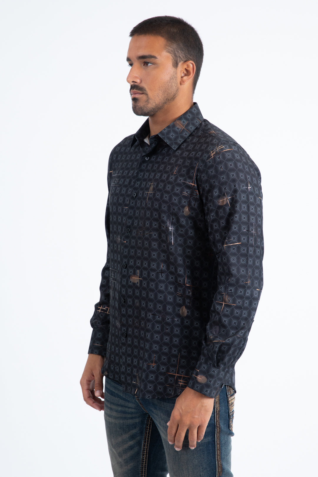 Mens Modern Fit Stretch Foil Fashion Black Shirt