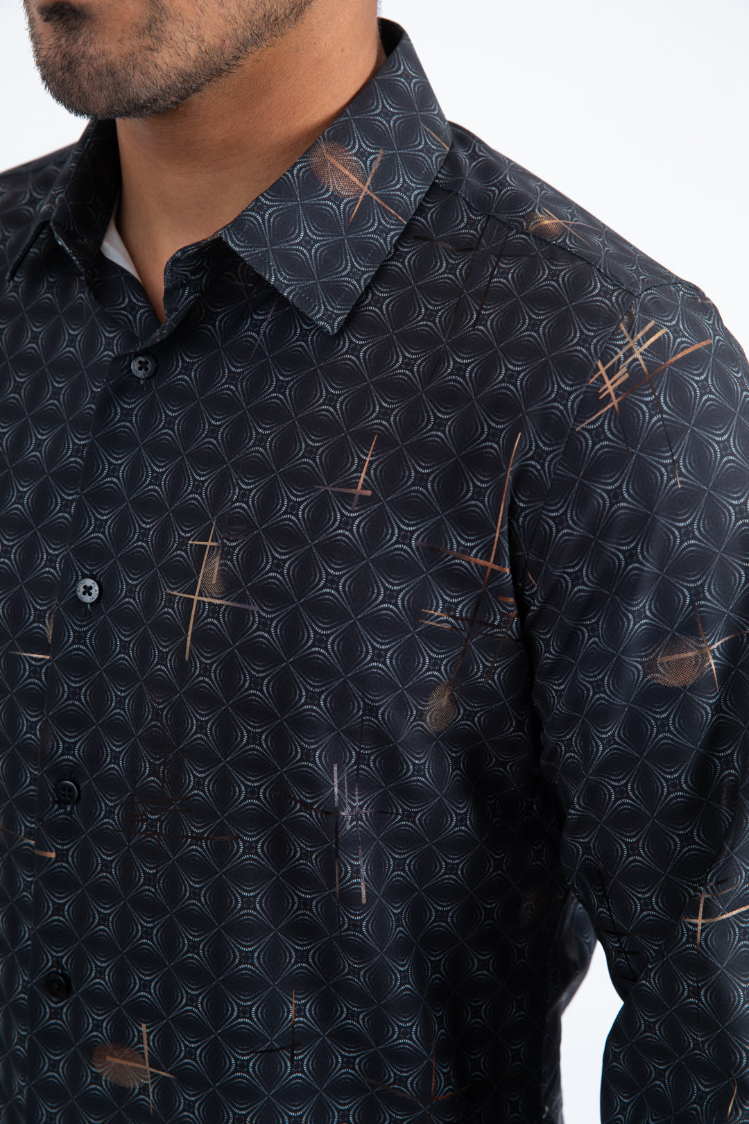 Mens Modern Fit Stretch Foil Fashion Black Shirt