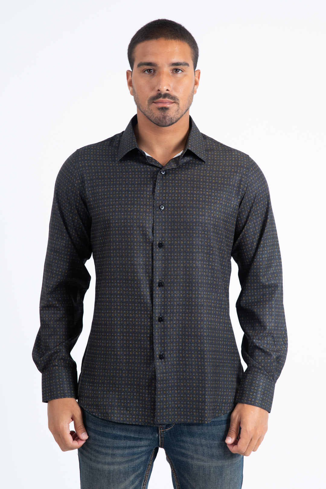 Mens Modern Fit Stretch Foil Fashion Black Shirt