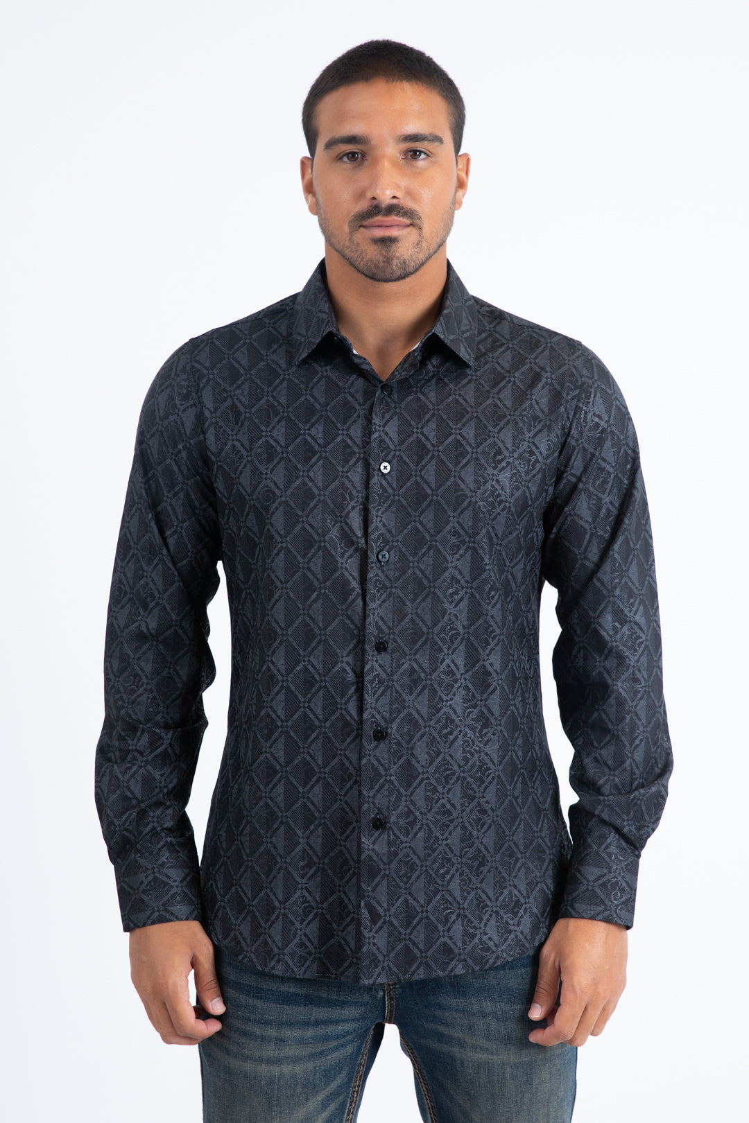 Mens Modern Fit Stretch Foil Fashion Black Shirt