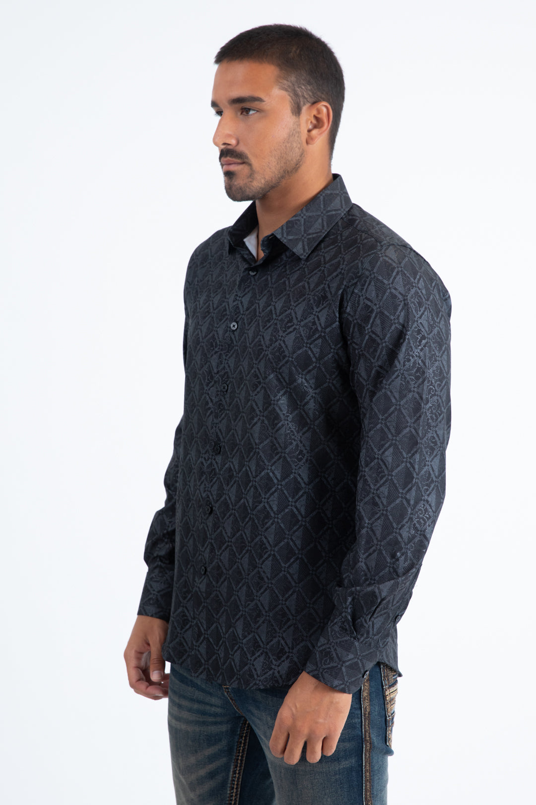 Mens Modern Fit Stretch Foil Fashion Black Shirt