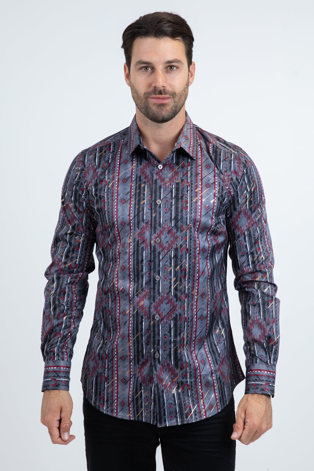 Mens Modern Fit Stretch Foil Fashion Black Shirt