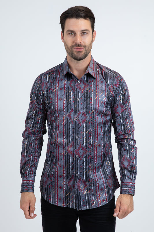 Mens Modern Fit Stretch Foil Fashion Black Shirt