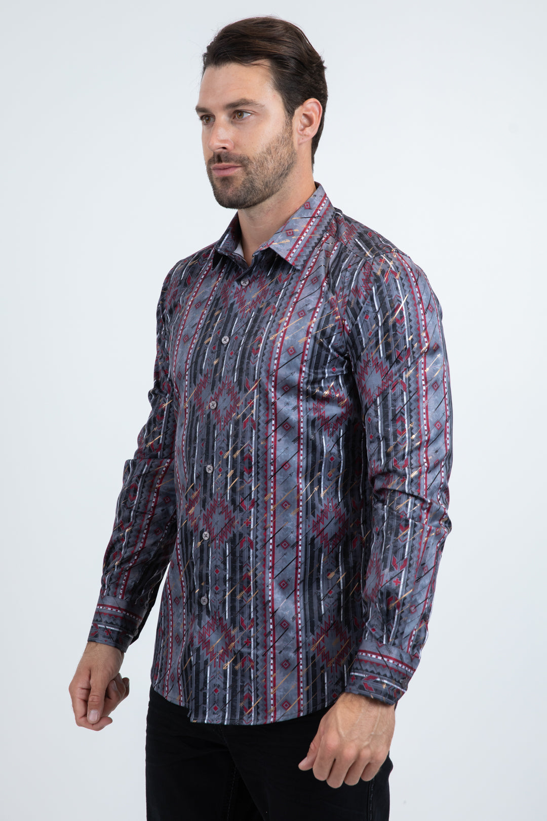 Mens Modern Fit Stretch Foil Fashion Black Shirt