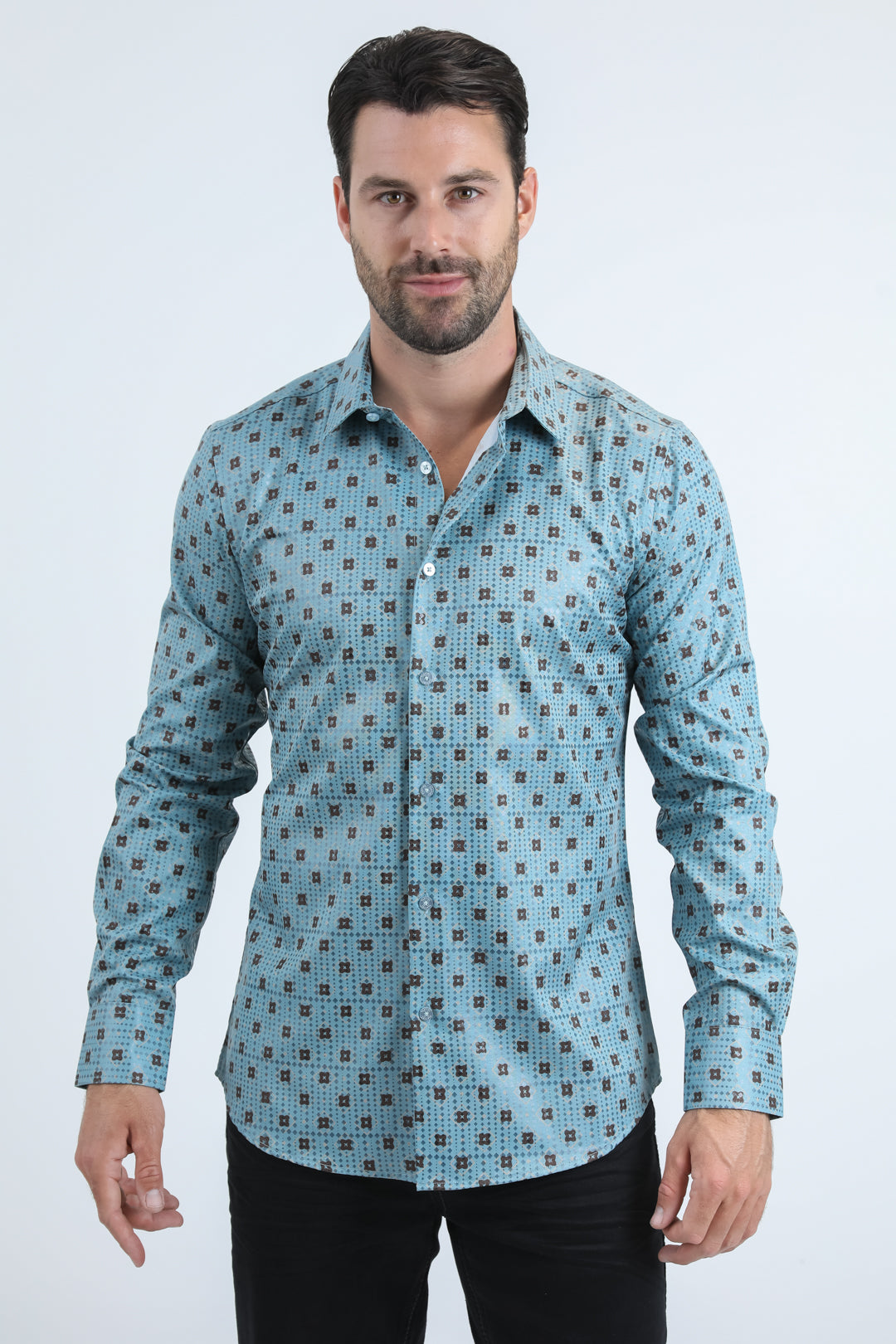 Mens Modern Fit Stretch Foil Fashion Blue Shirt