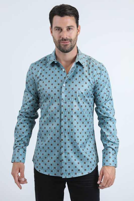 Mens Modern Fit Stretch Foil Fashion Blue Shirt