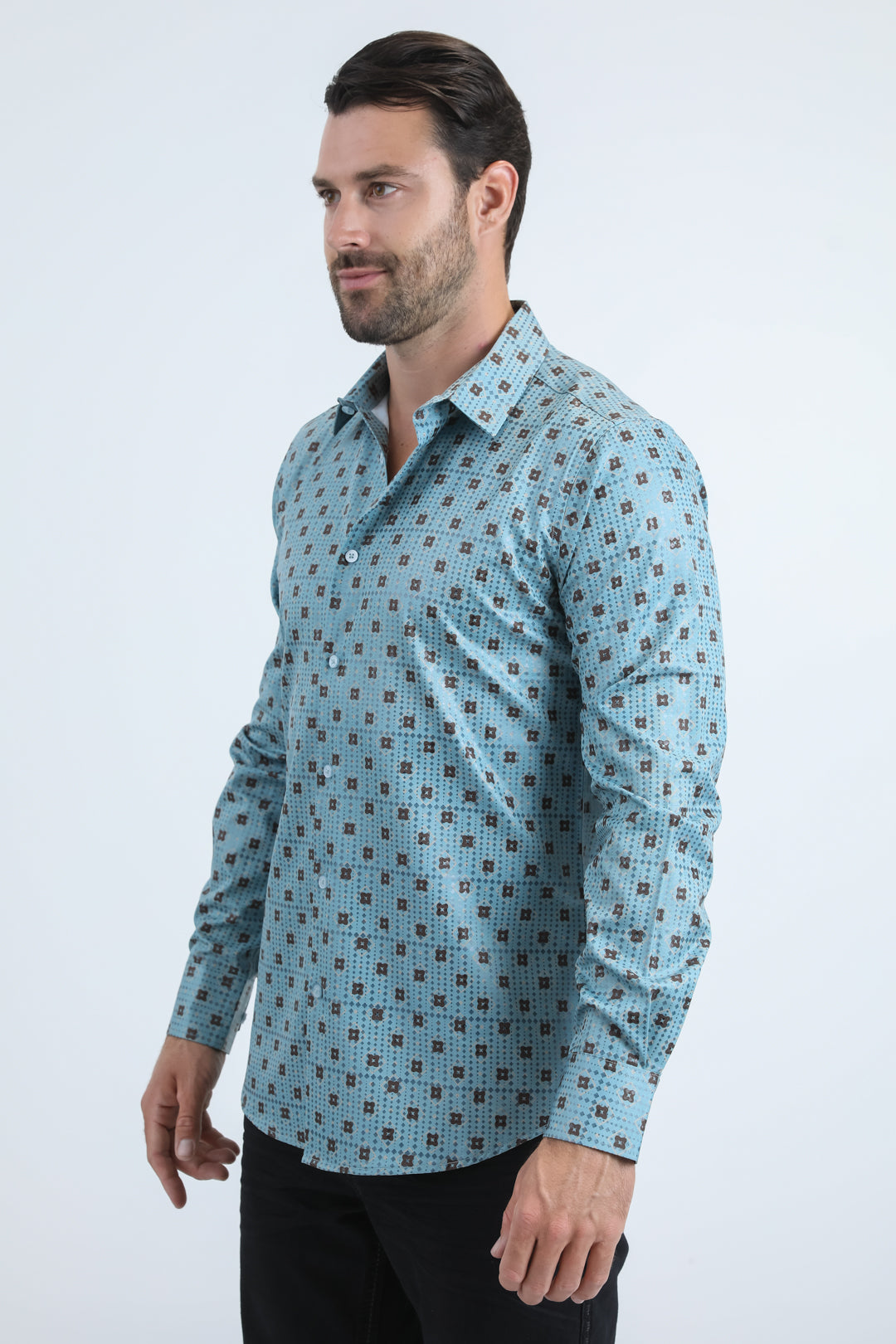 Mens Modern Fit Stretch Foil Fashion Blue Shirt
