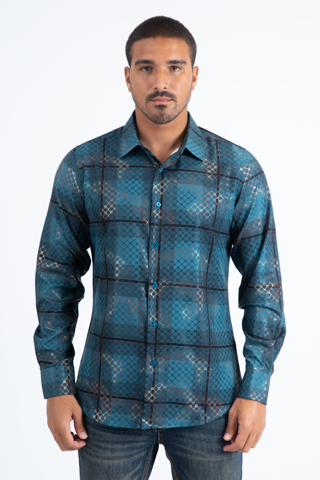 Mens Modern Fit Stretch Foil Fashion Blue Shirt