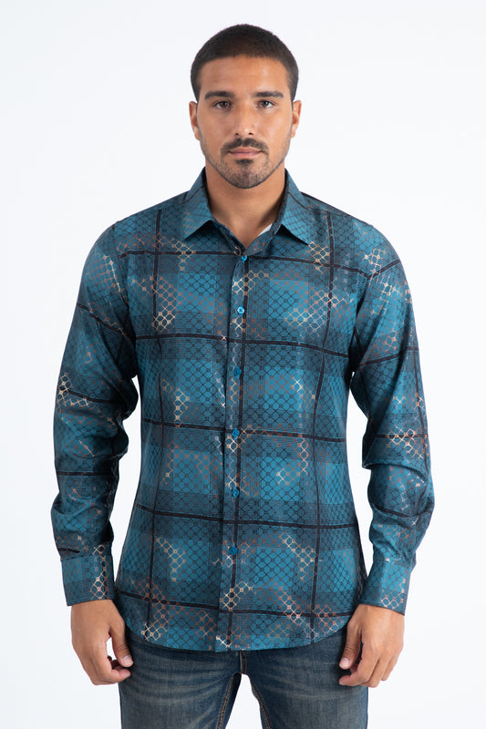 Mens Modern Fit Stretch Foil Fashion Blue Shirt