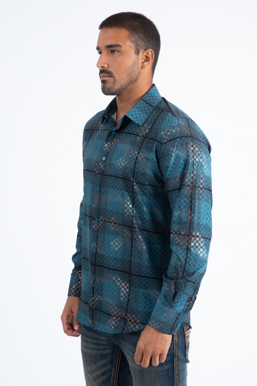 Mens Modern Fit Stretch Foil Fashion Blue Shirt