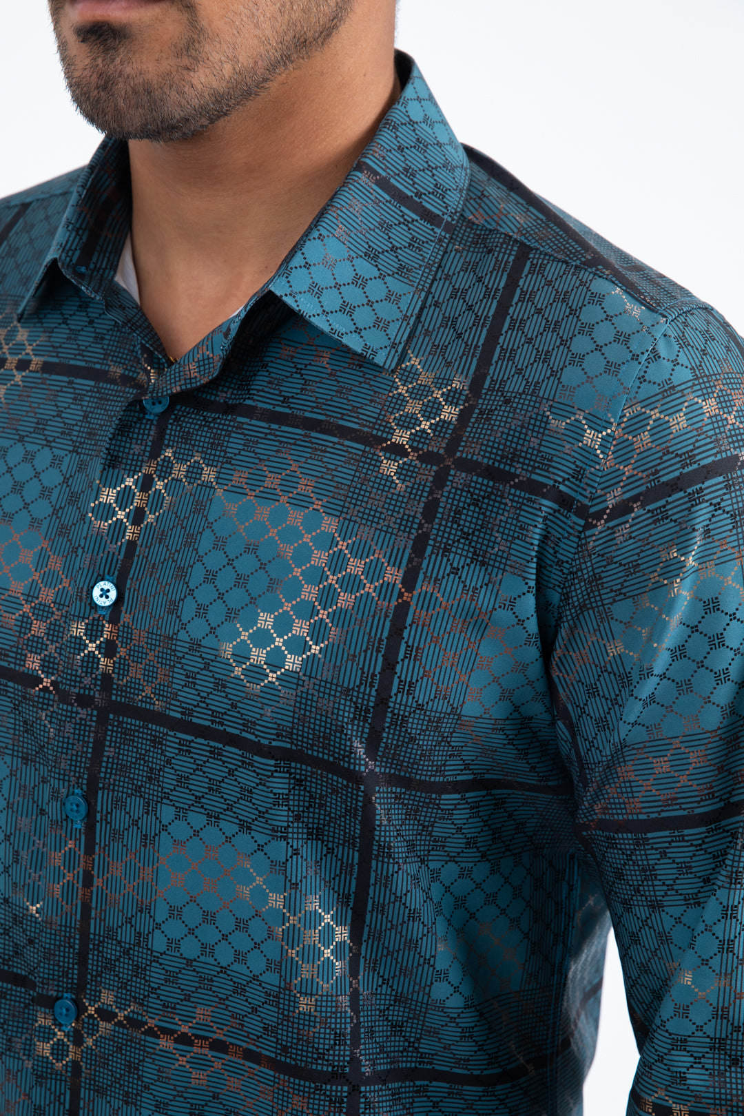 Mens Modern Fit Stretch Foil Fashion Blue Shirt