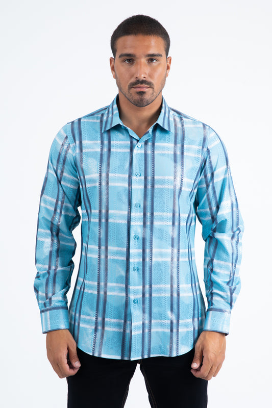 Mens Modern Fit Stretch Foil Fashion Blue Shirt