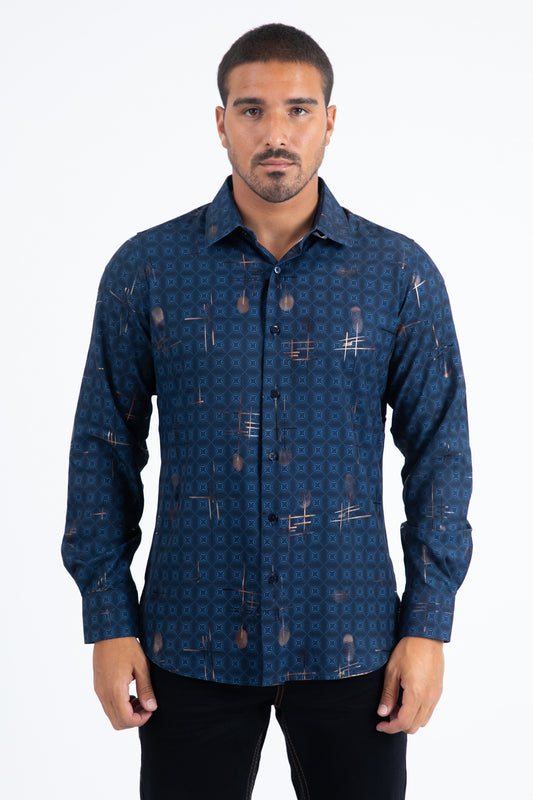 Mens Modern Fit Stretch Foil Fashion Blue Shirt
