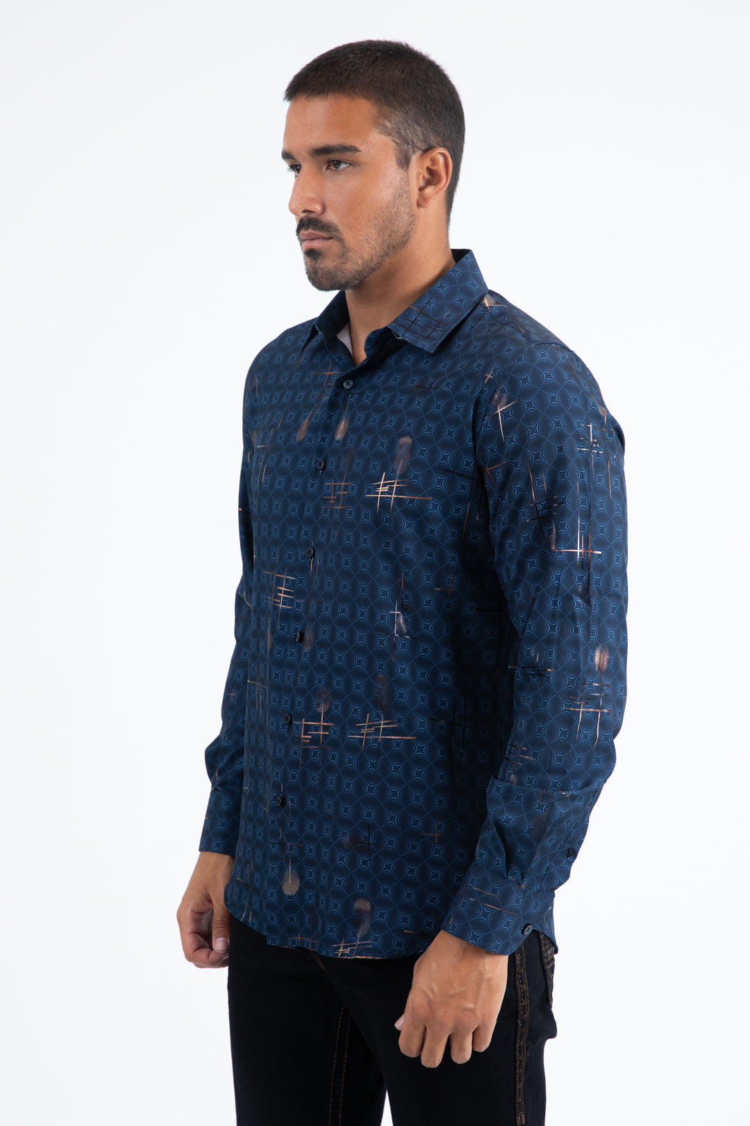 Mens Modern Fit Stretch Foil Fashion Blue Shirt