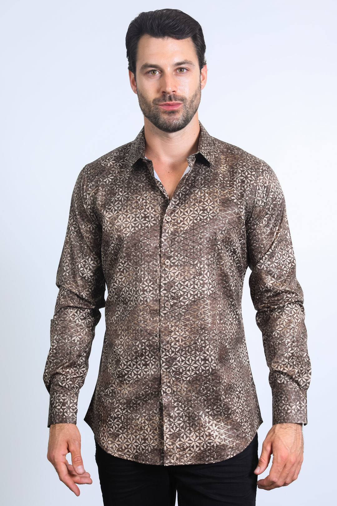 Mens Modern Fit Stretch Foil Fashion Brown Shirt