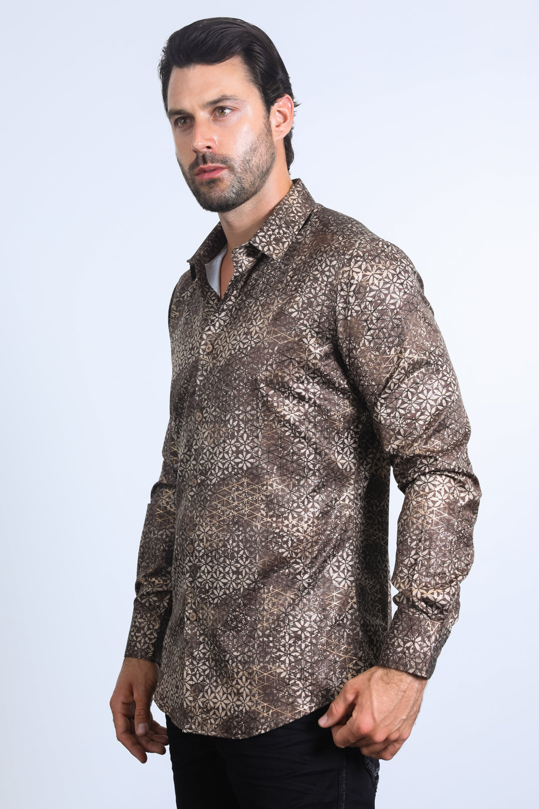 Mens Modern Fit Stretch Foil Fashion Brown Shirt