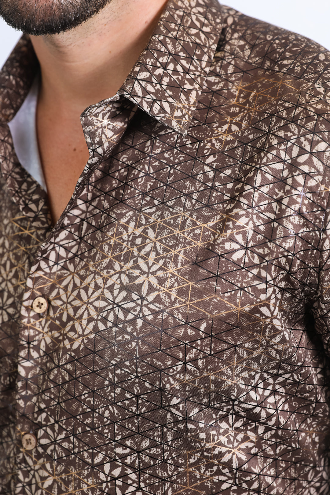Mens Modern Fit Stretch Foil Fashion Brown Shirt