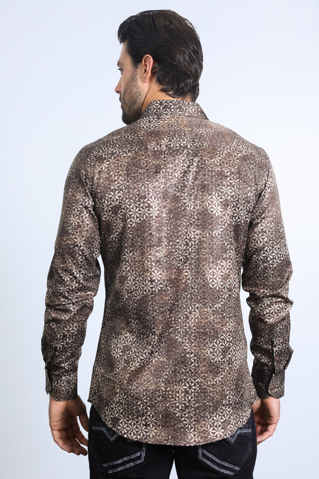 Mens Modern Fit Stretch Foil Fashion Brown Shirt