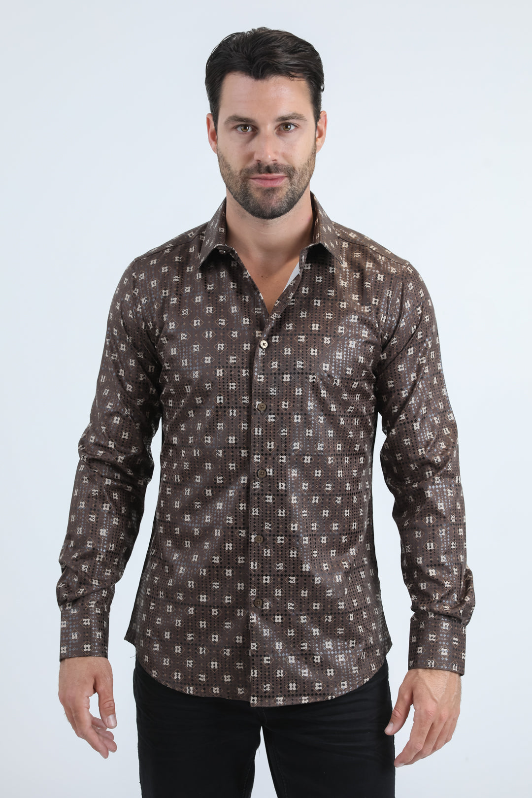 Mens Modern Fit Stretch Foil Fashion Brown Shirt