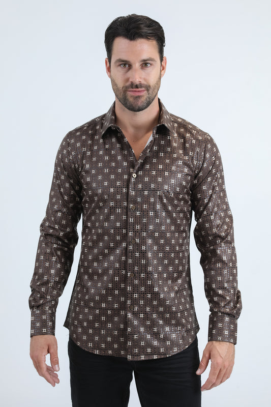 Mens Modern Fit Stretch Foil Fashion Brown Shirt