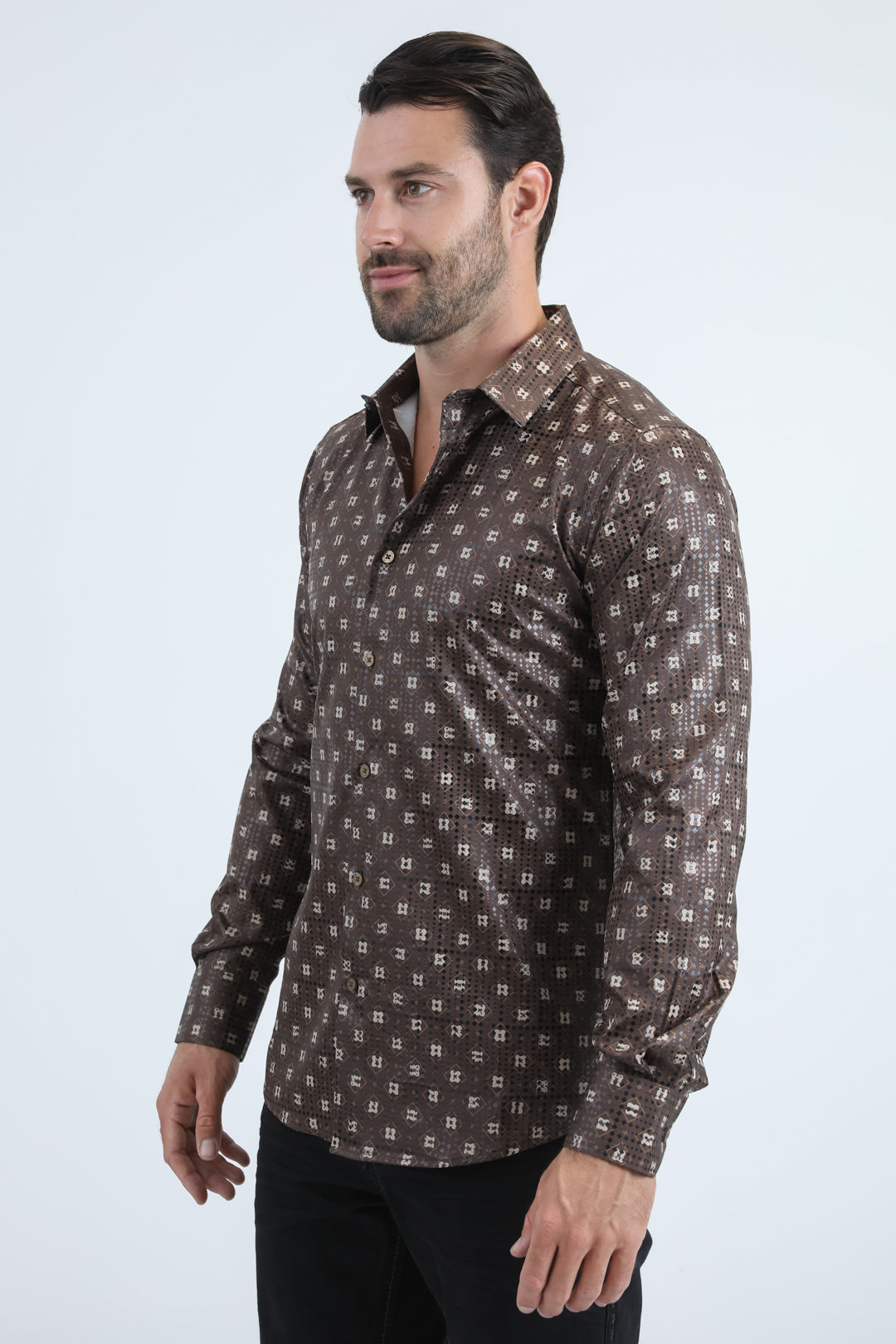 Mens Modern Fit Stretch Foil Fashion Brown Shirt