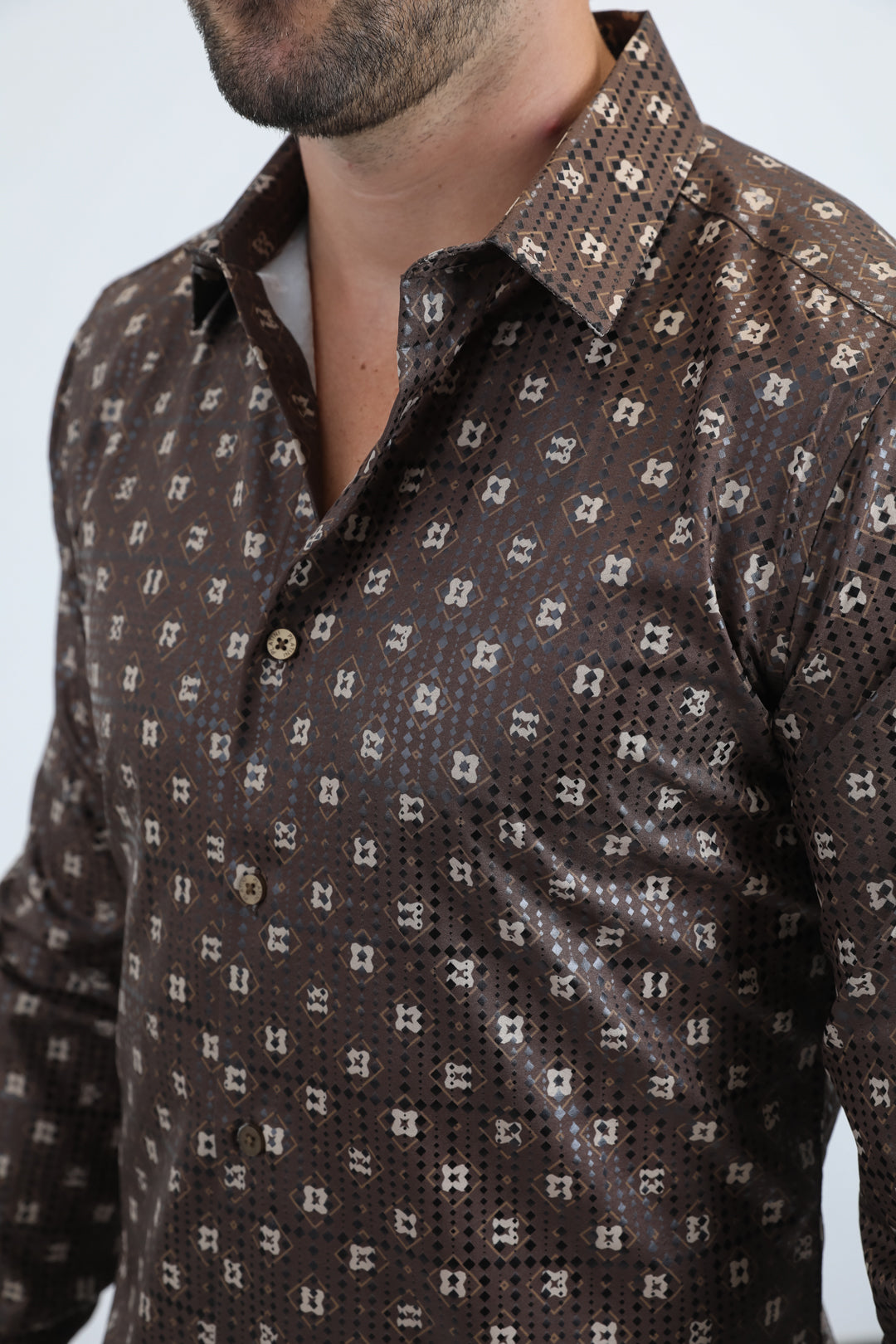 Mens Modern Fit Stretch Foil Fashion Brown Shirt
