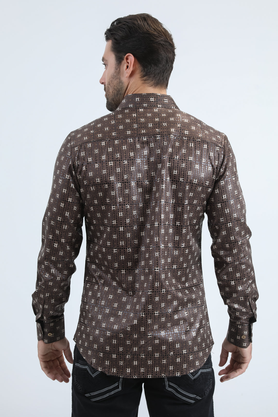 Mens Modern Fit Stretch Foil Fashion Brown Shirt