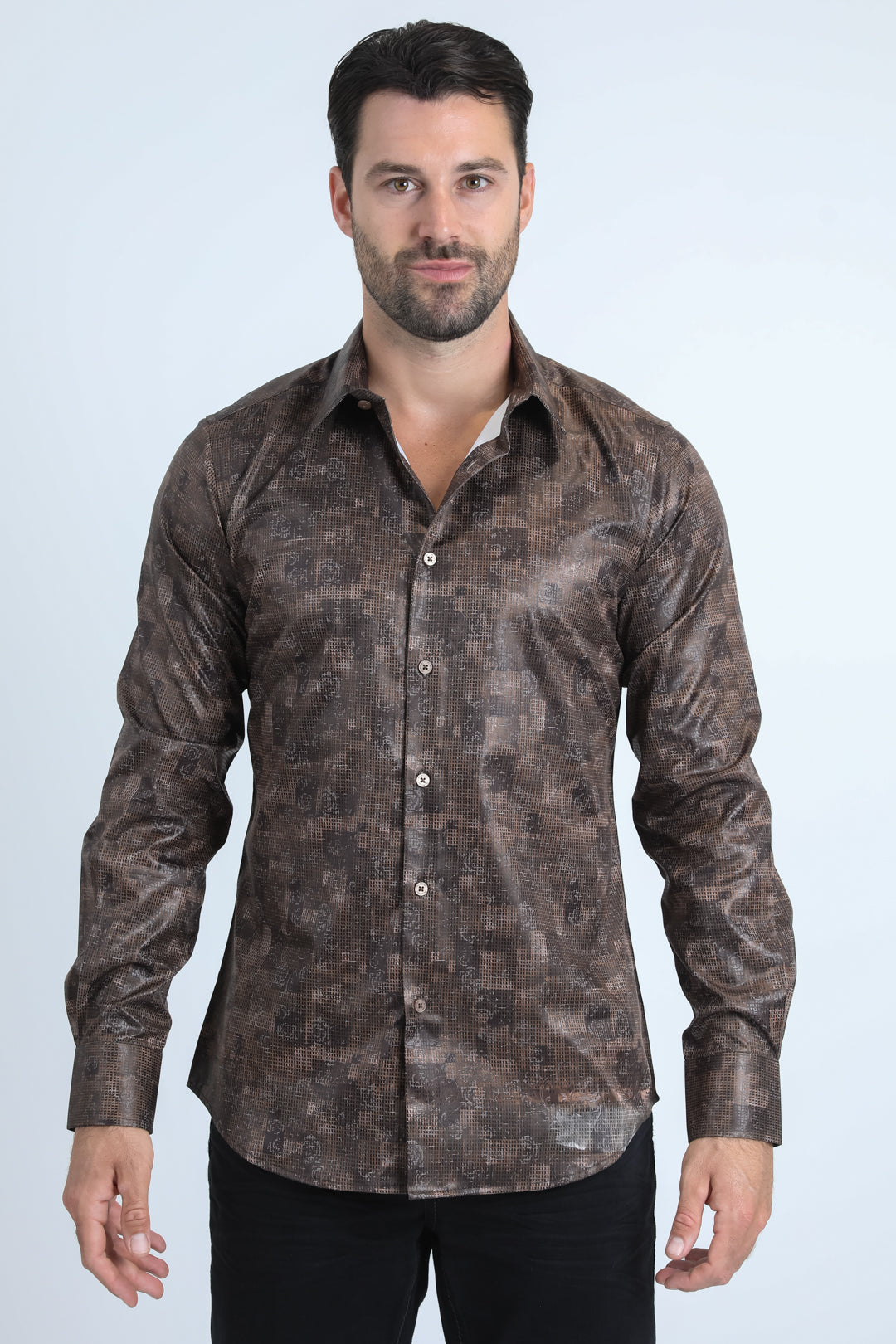 Mens Modern Fit Stretch Foil Fashion Brown Shirt