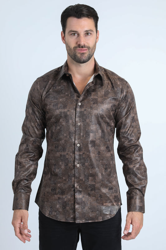 Mens Modern Fit Stretch Foil Fashion Brown Shirt