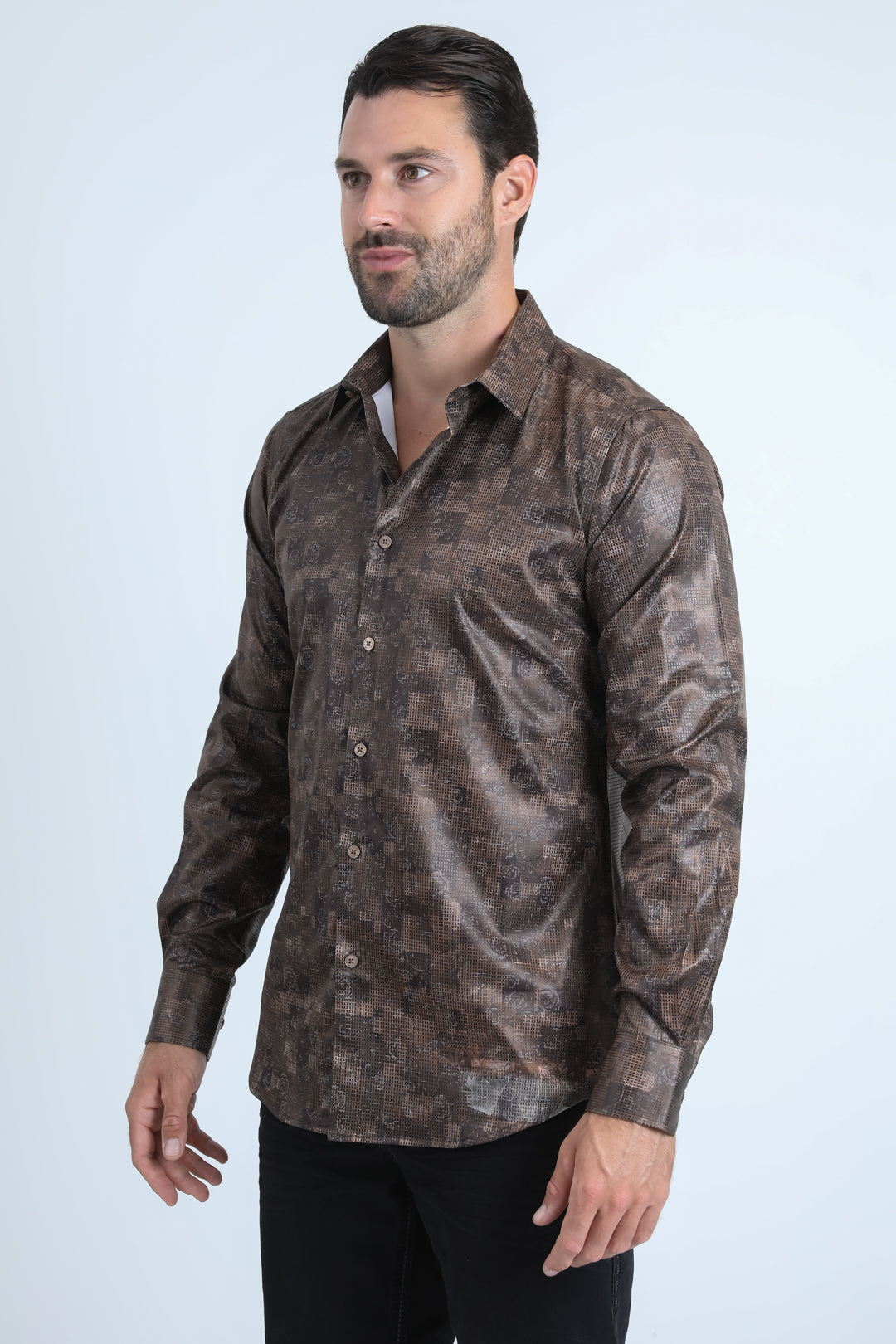Mens Modern Fit Stretch Foil Fashion Brown Shirt