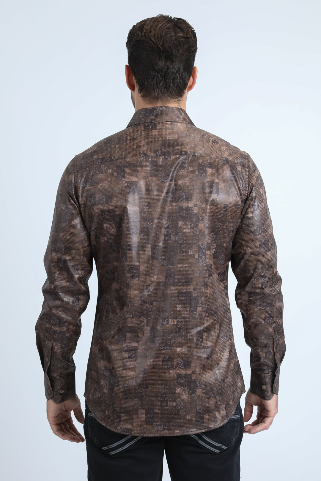Mens Modern Fit Stretch Foil Fashion Brown Shirt