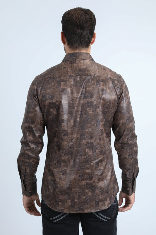 brown urban editorial foil shirt men platini detail