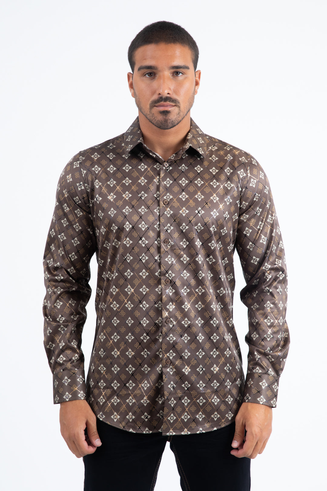 Brown Modern Fit Stretch Foil Fashion Shirt Men