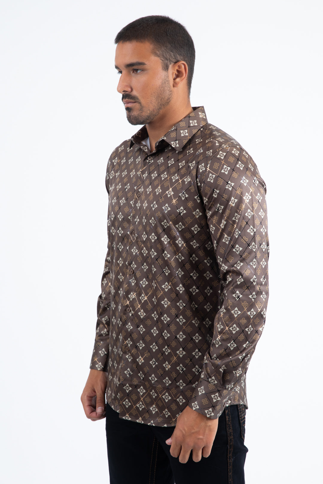 Brown Modern Fit Stretch Foil Fashion Shirt Men