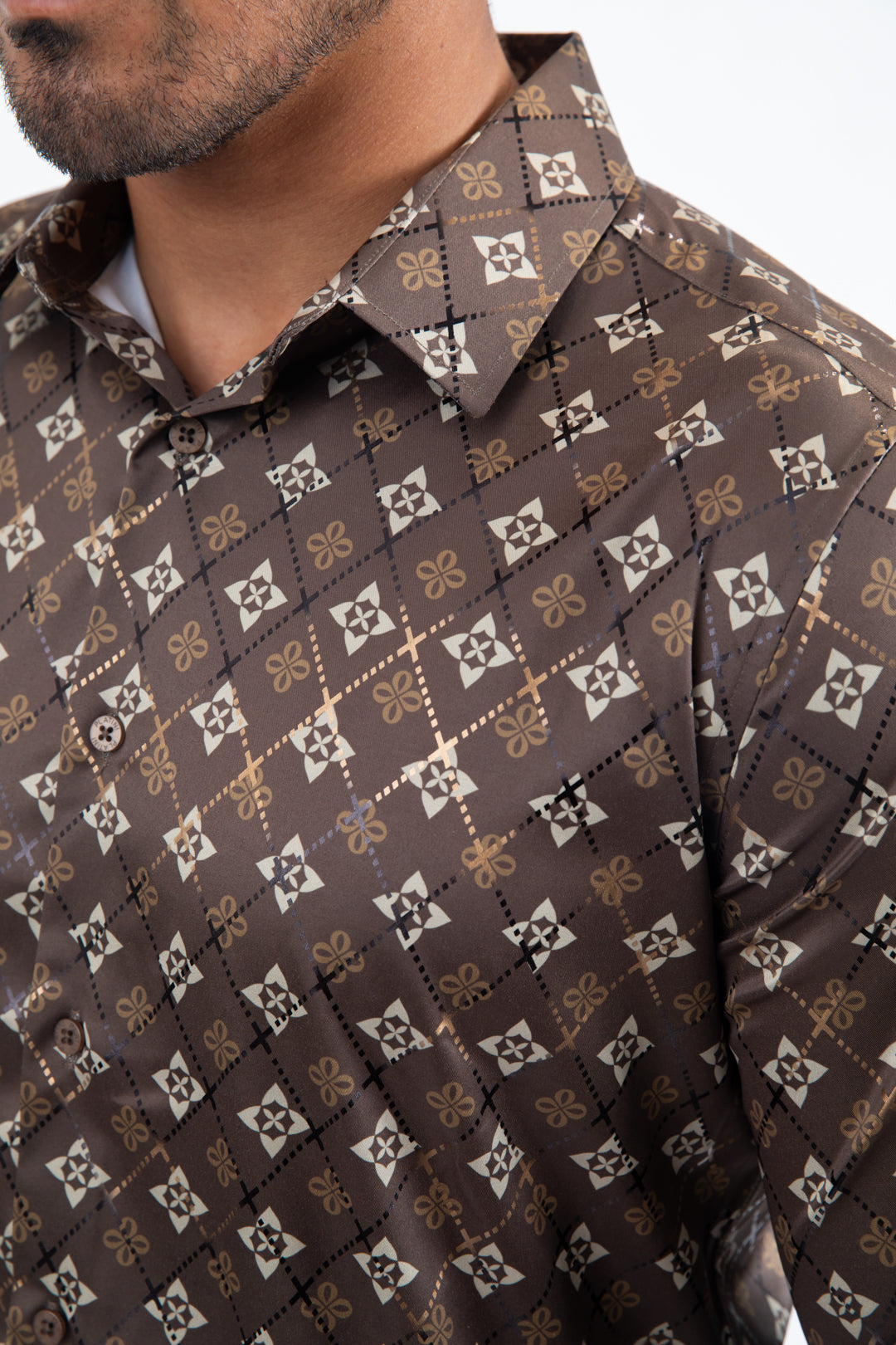 Brown Modern Fit Stretch Foil Fashion Shirt Men