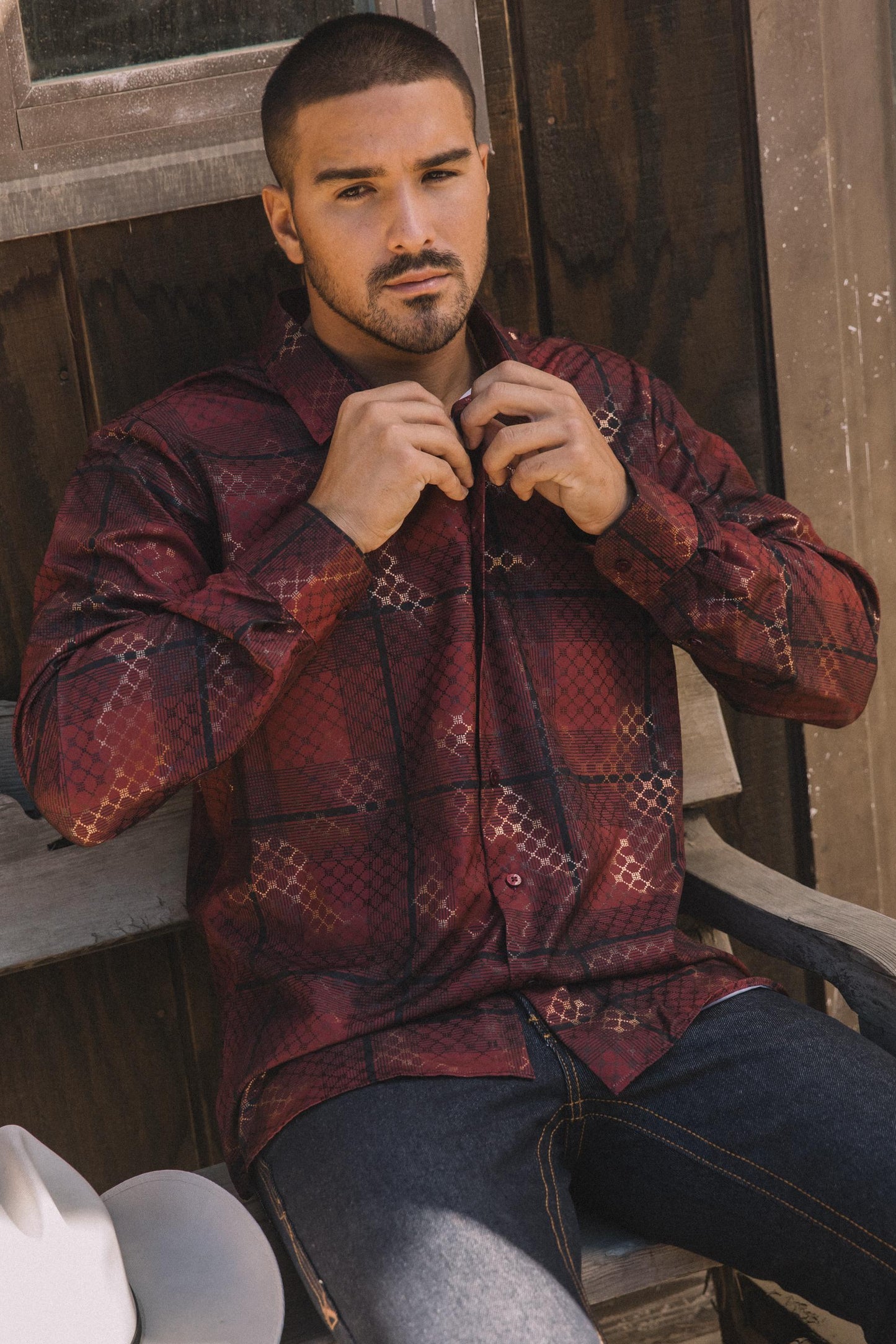 Mens Modern Fit Stretch Foil Fashion Burgundy Shirt