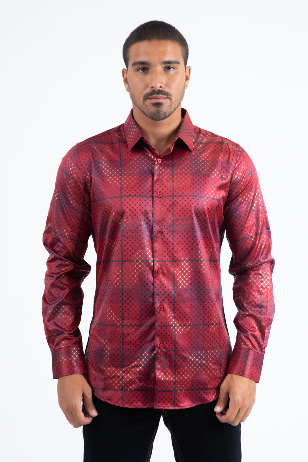 Mens Modern Fit Stretch Foil Fashion Burgundy Shirt