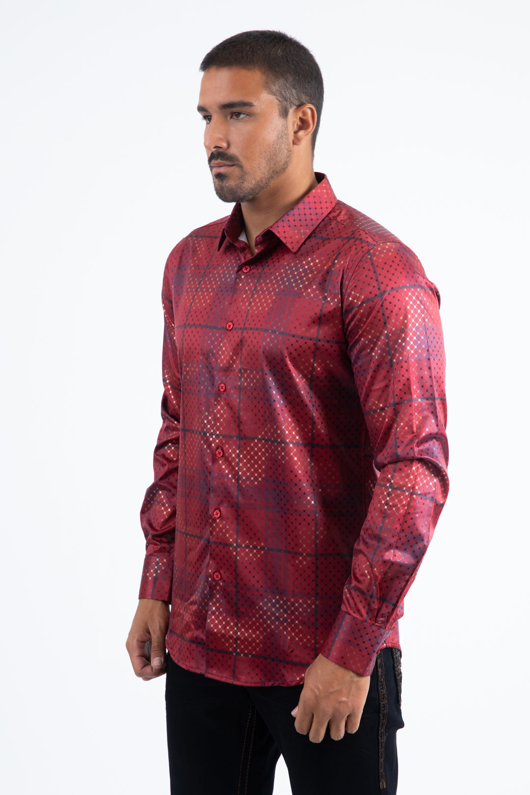 Mens Modern Fit Stretch Foil Fashion Burgundy Shirt