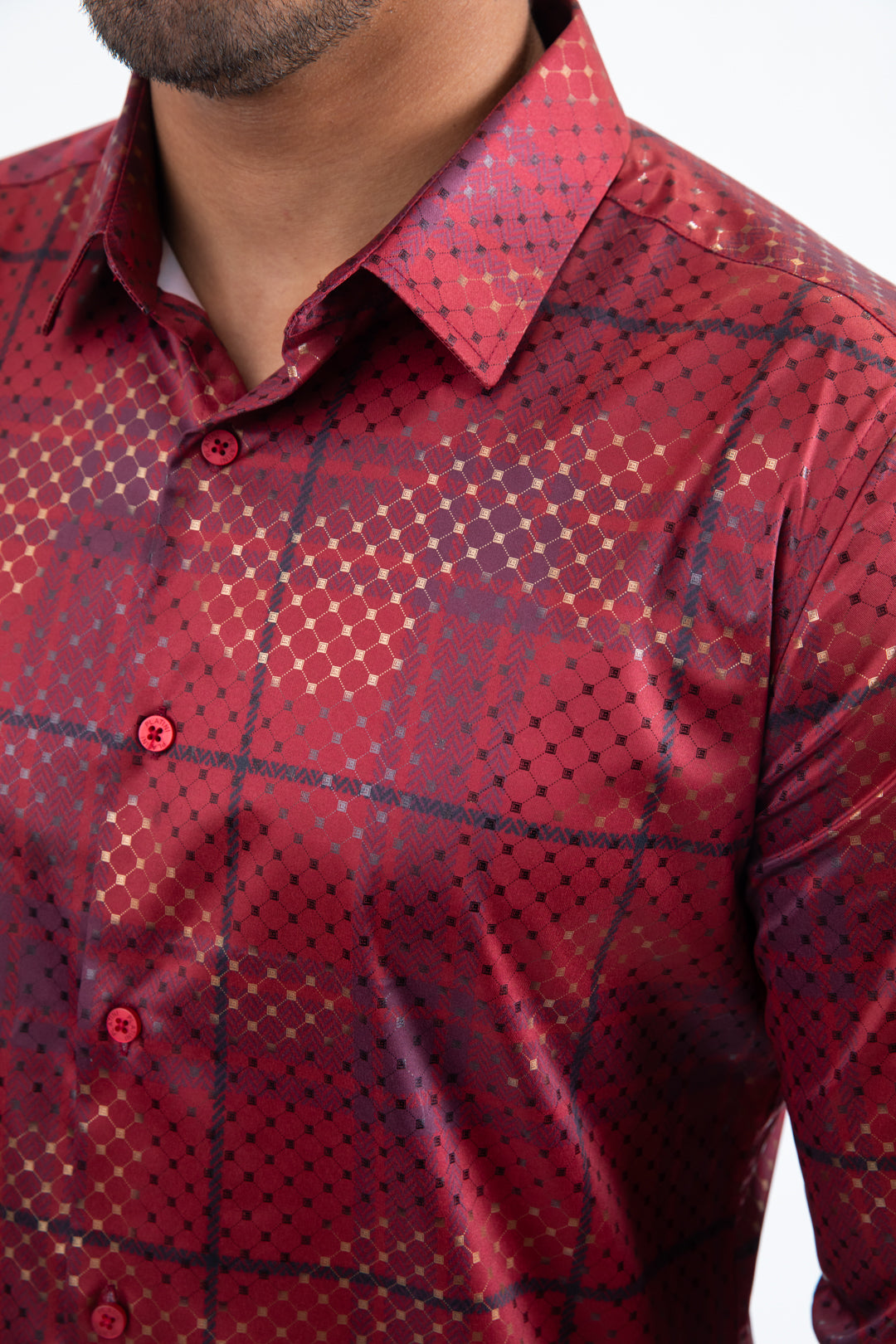 Mens Modern Fit Stretch Foil Fashion Burgundy Shirt