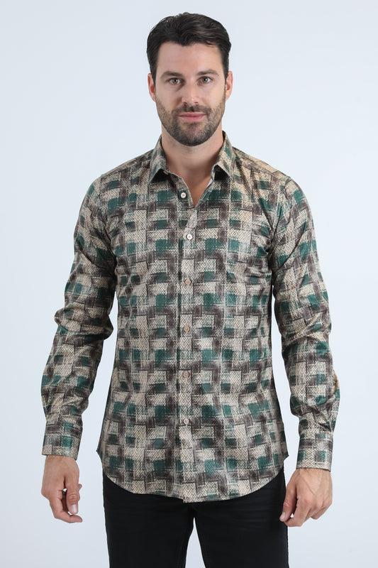 dark brown subtle geometric foil shirt men platini front
